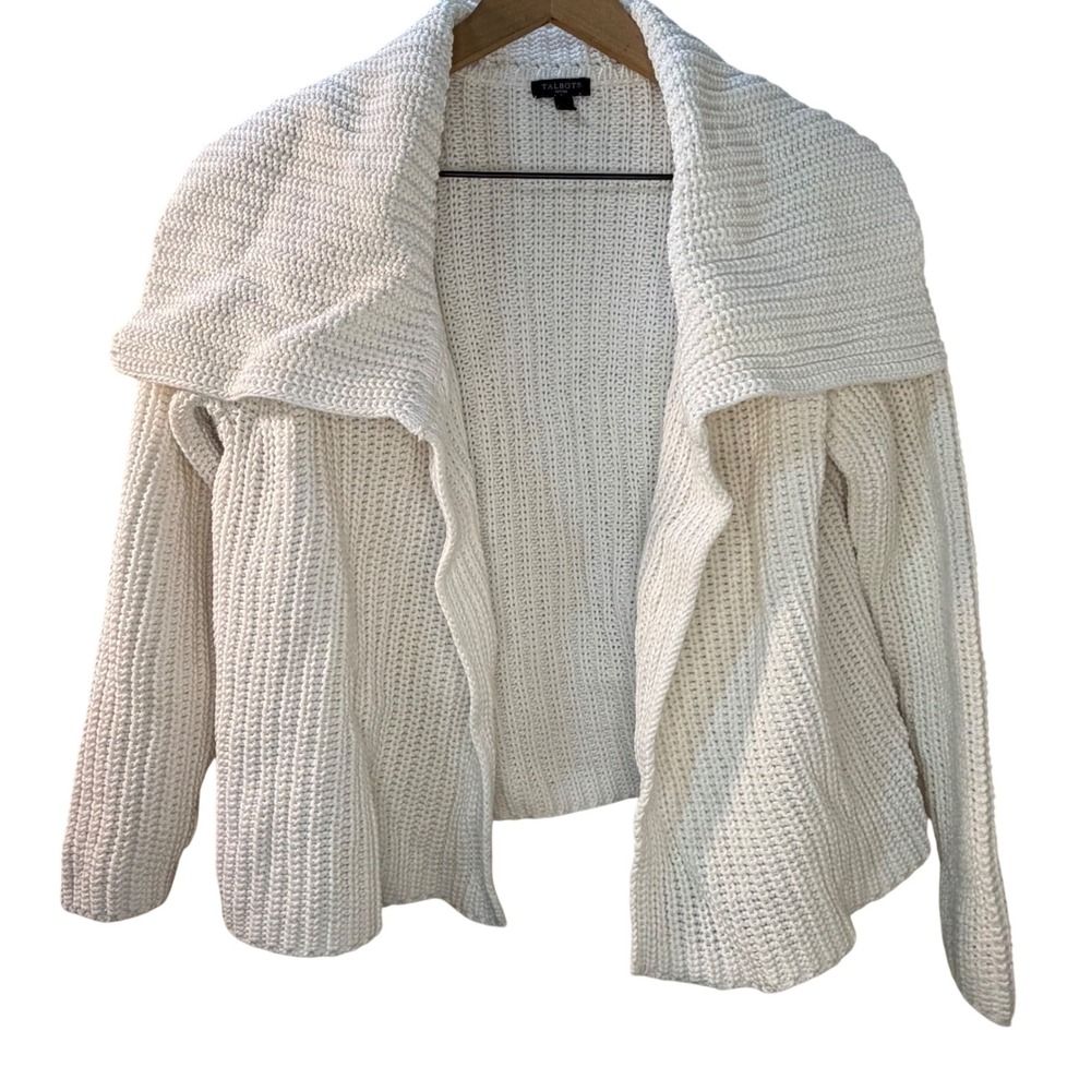 Talbots Petites White Knit Shawl Collar Cardigan Sweater Size MP‎